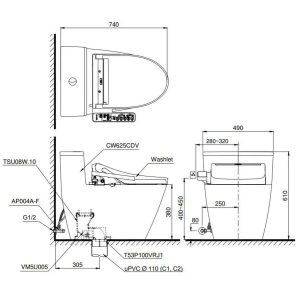 Bồn Cầu Điện Tử TOTO MS625CDW23 Nắp Rửa Washlet TCF47360GAA S7 Giấu Dây