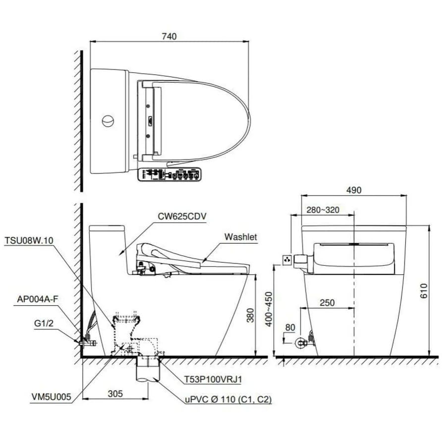 Bồn Cầu Điện Tử TOTO MS625CDW23 Nắp Rửa Washlet TCF47360GAA S7 Giấu Dây