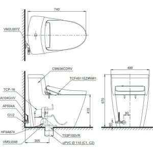 Bồn Cầu Điện Tử TOTO MS636CDRW23 Nắp Rửa Washlet TCF47360GAA S7 Giấu Dây