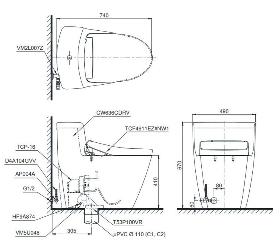 Bồn Cầu Điện Tử TOTO MS636CDRW23 Nắp Rửa Washlet TCF47360GAA S7 Giấu Dây