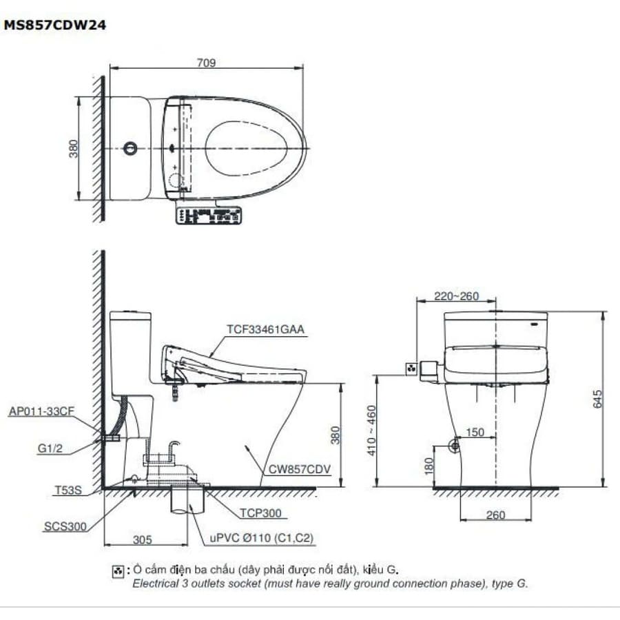 Bồn Cầu Điện Tử TOTO MS857DW24 Nắp Rửa Washlet TCF33461GAA S2