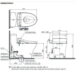 Bồn Cầu Điện Tử TOTO MS885CDW24#XW Nắp Rửa Washlet TCF33461GAA S2 Giấu Dây