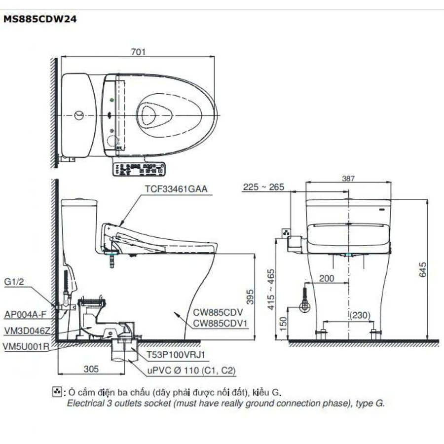 Bồn Cầu Điện Tử TOTO MS885CDW24#XW Nắp Rửa Washlet TCF33461GAA S2 Giấu Dây