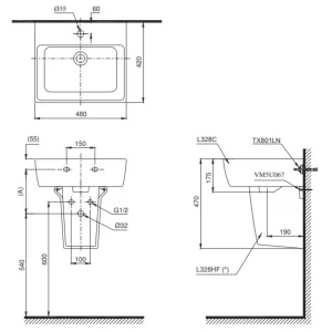 Chậu Rửa Mặt Lavabo TOTO LHT328CHR (LHT328C) Chữ Nhật Treo Tường Chân Ngắn
